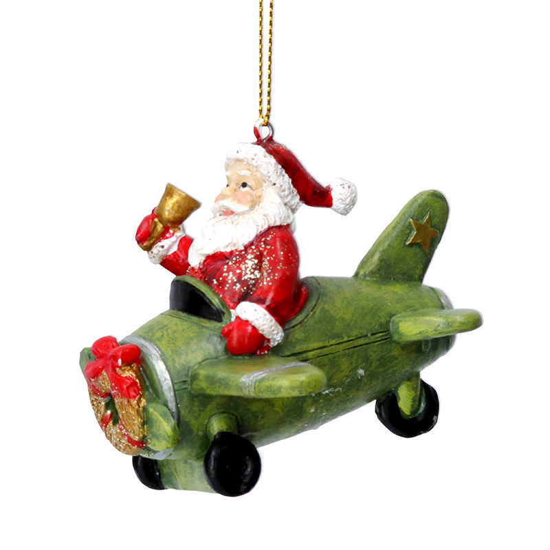 ceramic santa in a green ww2 airplane hanging christmas tree decorations